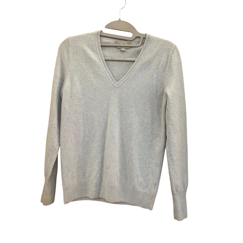 Pure Grey Cashmere Woman's Sweater V-Neck Fisherman's Coastal Minimalist Size 6